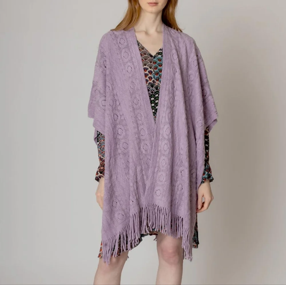 Lavender Crochet Shawl Fringe Poncho Scarf Sweater Open Front Cape Womens Wrap